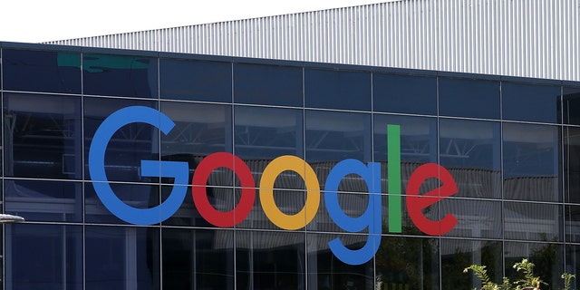 The Google logo is displayed at Google headquarters in Mountain View, California.