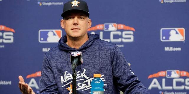 Houston Astros manager AJ Hinch speaks during a news conference on Monday, Oct. 15, 2018.