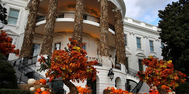 Two girls posing for a photograph with the decorated South Portico of the White House on Sunday.