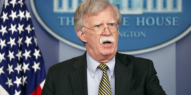 National Security Adviser John Bolton announces that the United States is withdrawing from the treaty with Iran during a press conference at the White House Briefing Room in Washington, USA, October 3, 2018.