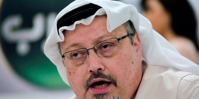 FILE - In this Feb. 1, 2015, file photo, Saudi journalist Jamal Khashoggi speaks during a press conference in Manama, Bahrain. (AP Photo/Hasan Jamali, File)