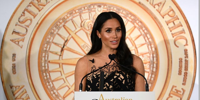 Meghan, the Duchess of Sussex, speaks as she presents an award at the Australian Geographic Society Awards in Sydney on Friday, October 26, 2018. (Joel Carrett / Pool Photo via AP)