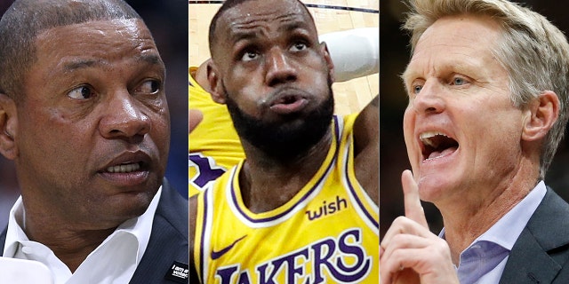 Doc Rivers, left, LeBron James, center, and Steve Kerr have been the top NBA voices to address political issues ahead of the midterms.