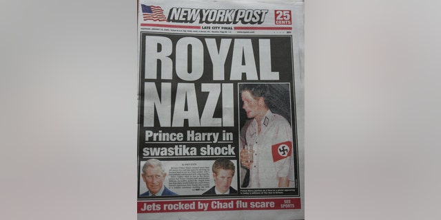 A copy of The New York Post front page lies on display featuring a "Royal Nazi" headline Jan. 13, 2005 in New York City. The British royal, Prince Harry, reportedly attended a fancy dress party wearing a khaki uniform with an armband emblazoned with a swastika, the emblem of the German WWII Nazi Party. (Stephen Chernin/Getty Images)