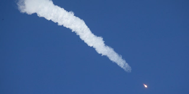 The Soyuz-FG rocket booster with Soyuz MS-10 space ship carrying a new crew to the International Space Station, ISS, flies in the sky at the Russian leased Baikonur Cosmodrome, Kazakhstan.