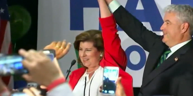Karen Handel celebrates her narrow victory over Democratic opponent Jon Ossoff in a June 2017 special election.