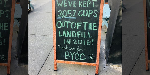 The Sanitation Department fined a coffee shop $300 for a sign that says how many cups they've kept out of the landfill.