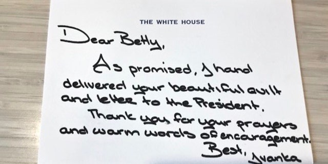A handwritten note from Ivanka Trump to Betty Alexander about the flag quit she made for the president.