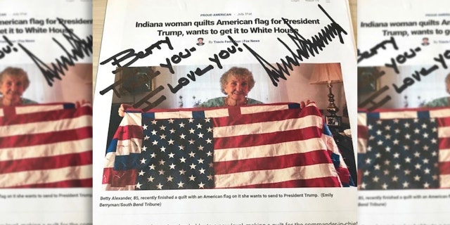 A handwritten note from President Trump to Betty Alexander about the American flag quilt she made for him.