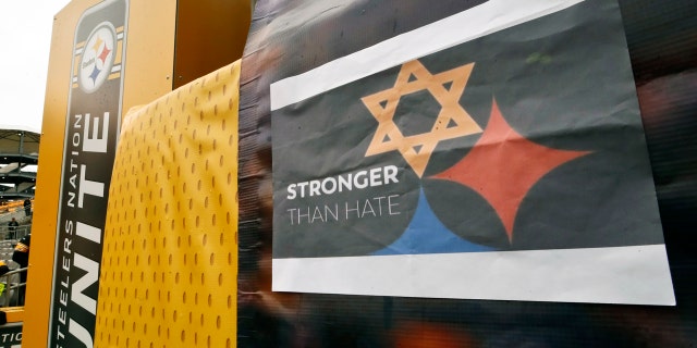 A Pittsburgh Steelers logo with one of the hypocycloids changed to a Star of David, on a banner at Heinz Field for Sunday's game between the Pittsburgh Steelers and the Cleveland Browns. (AP Photo/Gene J. Puskar)
