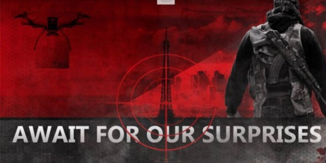 The red and black poster shows a drone carrying a sizeable object while flying next to the Eiffel Tower, which is framed in crosshairs.