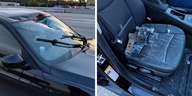 An unsecured tow hitch smashed through a driver's windshield Monday morning in Texas.