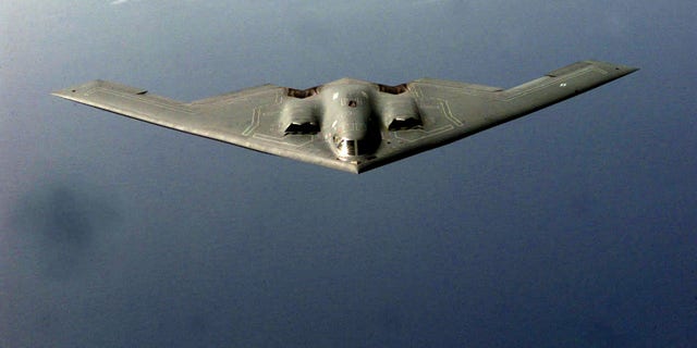 A B-2 Spirit prepares to receive fuel from a KC-135 during a mission in the European Theater supporting NATO Operation Allied Force. (U.S. Air Force photo by SSgt Ken Bergmann)