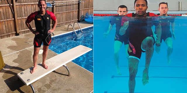 Christie Pearce Rampone (left), the former U.S. women's soccer team captain, in one of the suits; (right) the suit in action in the water
