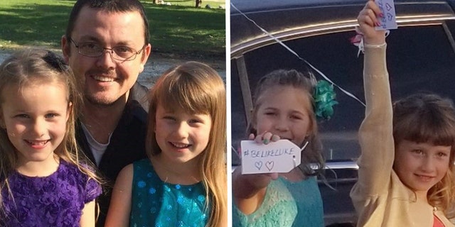 Left photo: Avery and Alivia Reece with their late dad, Luke. Right photo: Balloon release before they entered the dance. Haley Culbert and Alivia Reece show their "#Be Like Luke" tags, a proud and emotional moment said Mr. Culbert