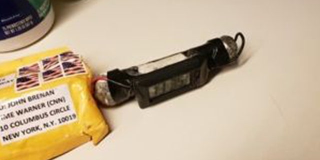 A photo of the explosive device addressed to former CIA Director John Brennan. The package was sent Wednesday to the Time Warner Center, where CNN's New York City office is located.