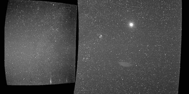 The view from Parker Solar Probe's WISPR instrument on Sept. 25, 2018, shows Earth, the bright sphere near the middle of the right-hand panel. The elongated mark toward the bottom of the panel is a lens reflection from the WISPR instrument. (NASA/Naval Research Laboratory/Parker Solar Probe)