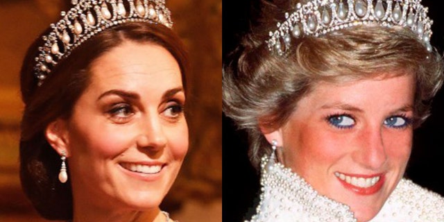Kate Middleton dons Princess Diana's famous lovers knot tiara while at a Buckingham Palace banquet on Tuesday night.
