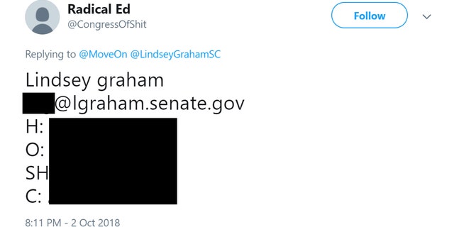 The social media user tweeted Graham’s personal information, though without the address, in reply to Move On, a progressive advocacy group that also tweeted Graham's office phone number.