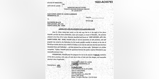 In April 2016, the Salvation Army St. Louis Garrison Residence filed an eviction lawsuit against Raymond Black for failing to pay $233.25 in rent.