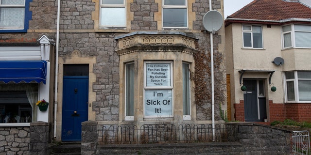 Sign in Richard Evans house window in Weston-super-Mare.