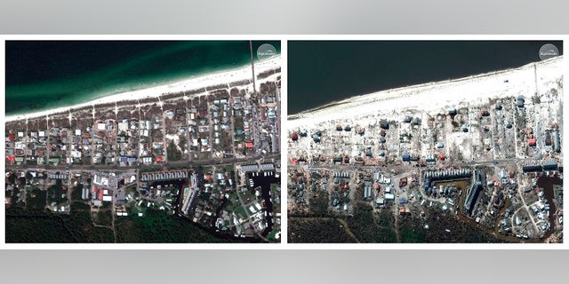 Satellite images showed part of Mexico Beach, Fla., before and after Hurricane Michael made landfall.