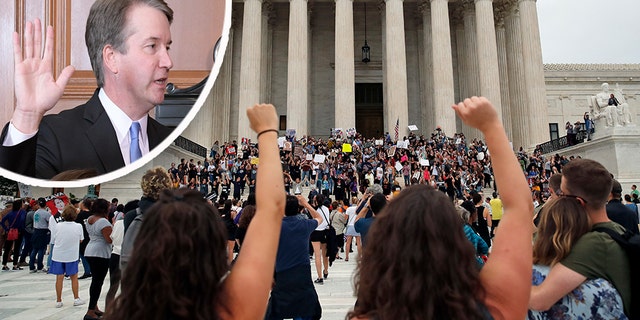 Activists protest on the steps and plaza of the Supreme Court after the confirmation vote of Supreme Court nominee Brett Kavanaugh, on Capitol Hill, Saturday, Oct. 6, 2018 in Washington. (AP Photo/Alex Brandon)