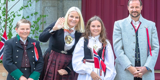 Prince Sverre Magnus of Norway, Princess Mette Marit of Norway and Princess Ingrid Alexandra of Norway, Prince Haakon Magnus of Norway outside their home at Skaugum Farm in Asker during Norway's National Day on May 17, 2018 in Oslo, Norway. (Photo by Nigel Waldron/WireImage)