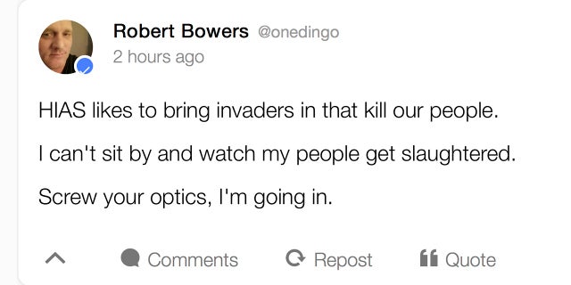 This image shows a portion of an archived webpage from the social media website Gab posting by Pittsburgh synagogue shooting suspect Robert Bowers.