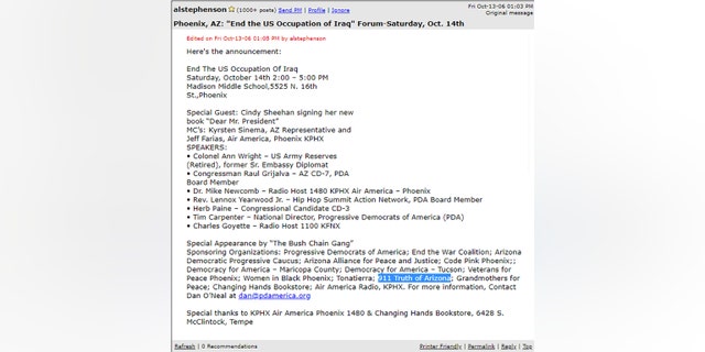 In 2006, both Sinema and Farias spoke at an anti-war rally called “End The US Occupation Of Iraq,” an event sponsored by multiple groups, including 911 Truth Of Arizona.