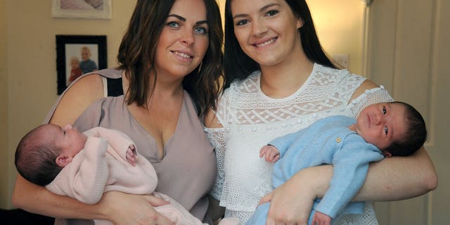 Sisters Natalie Ashley, pictured with Isla, and Lyndsay Ashley, pictured with Jack after they gave birth on the same day.
