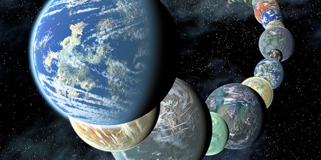 Artist's illustration of how rocky, potentially habitable worlds elsewhere in our galaxy might appear. Data gathered by telescopes in space and on the ground suggest that small, rocky planets are common. (Placing them so close together in a line is for illustrative purposes only.)