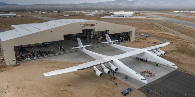 Stratolaunch, the world's largest airplane, seen in its hangar in the Mojave Desert.