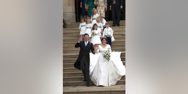 Princess Eugenie of York and Jack Brooksbank after their wedding ceremony at St George’s Chapel, Windsor Castle, near London, England, Friday Oct. 12, 2018.