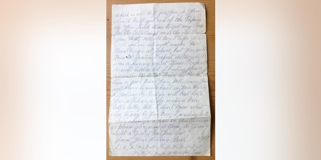 The pencil written letter dated February 27, 1918 written by Christine Spall's late husband's grandfather is thought to have been passed down through his family. (Credit: SWNS)