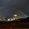A rainbow is seen over Fenway Park in Boston before Game 2 of the World Series between the Boston Red Sox and the Los Angeles Dodgers Oct. 24, 2018.