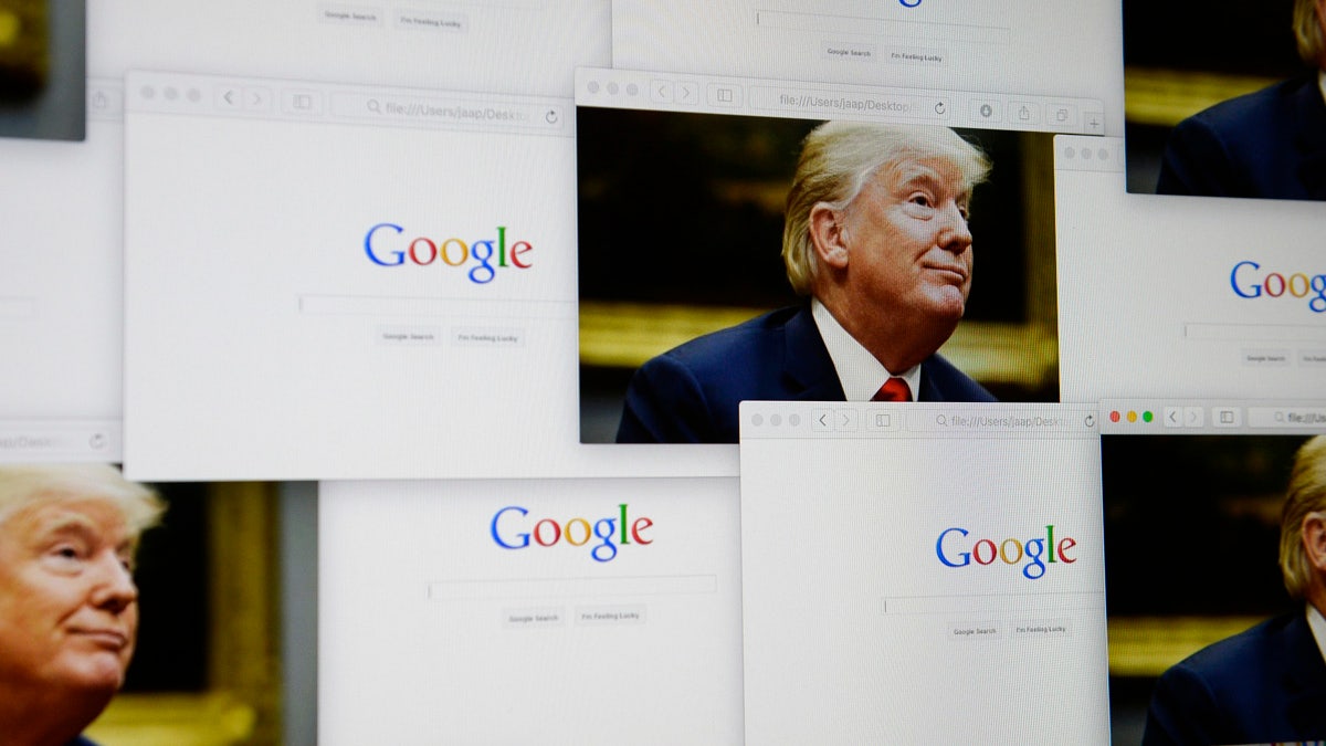 Google logos are seen in this photo illustration together with images of Donald Trump.