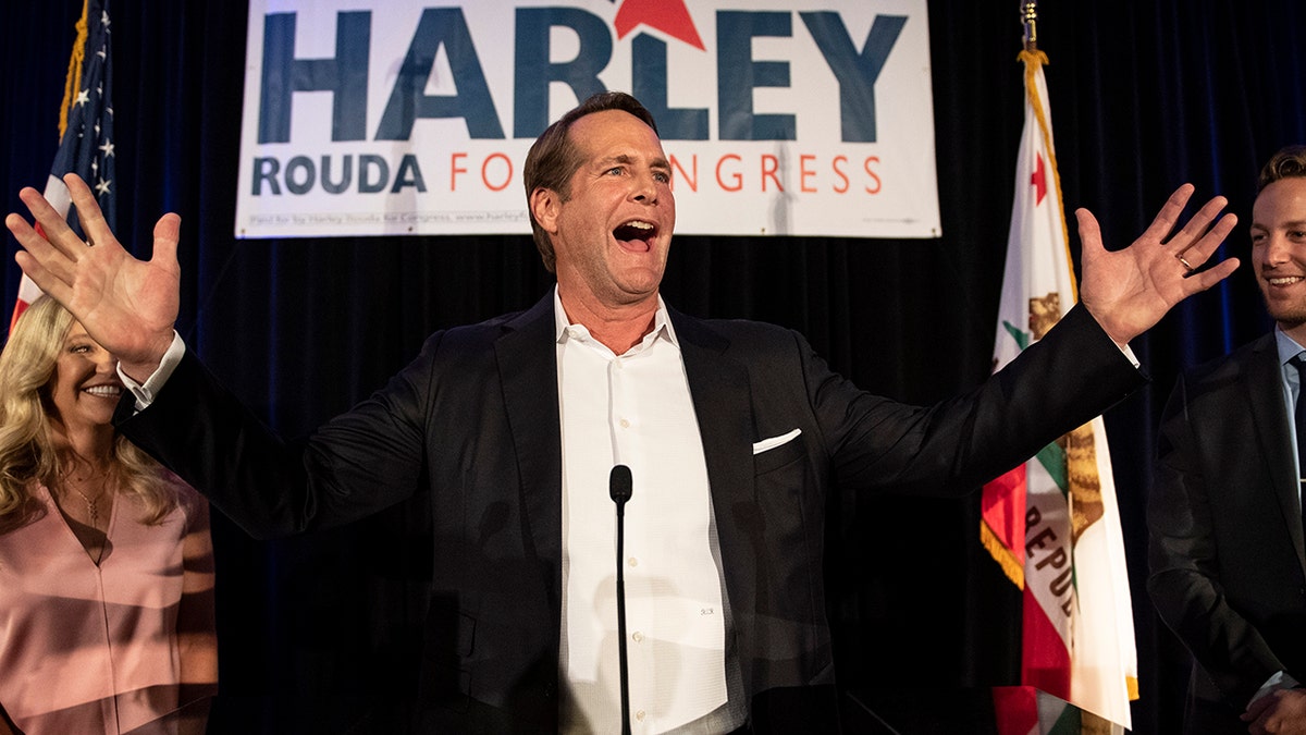 Harley Rouda, Democratic congressional candidate in the 48th district, addresses his supporters at his election night party Tuesday, Nov. 6, 2018, in Newport Beach, Calif. (Associated Press)