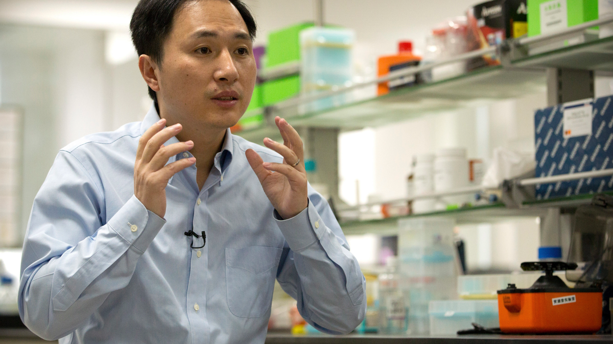 In this Oct. 10, 2018 photo, He Jiankui speaks during an interview at a laboratory in Shenzhen in southern China's Guangdong province. He claims he helped make the world's first genetically edited babies: twin girls whose DNA he said he altered.