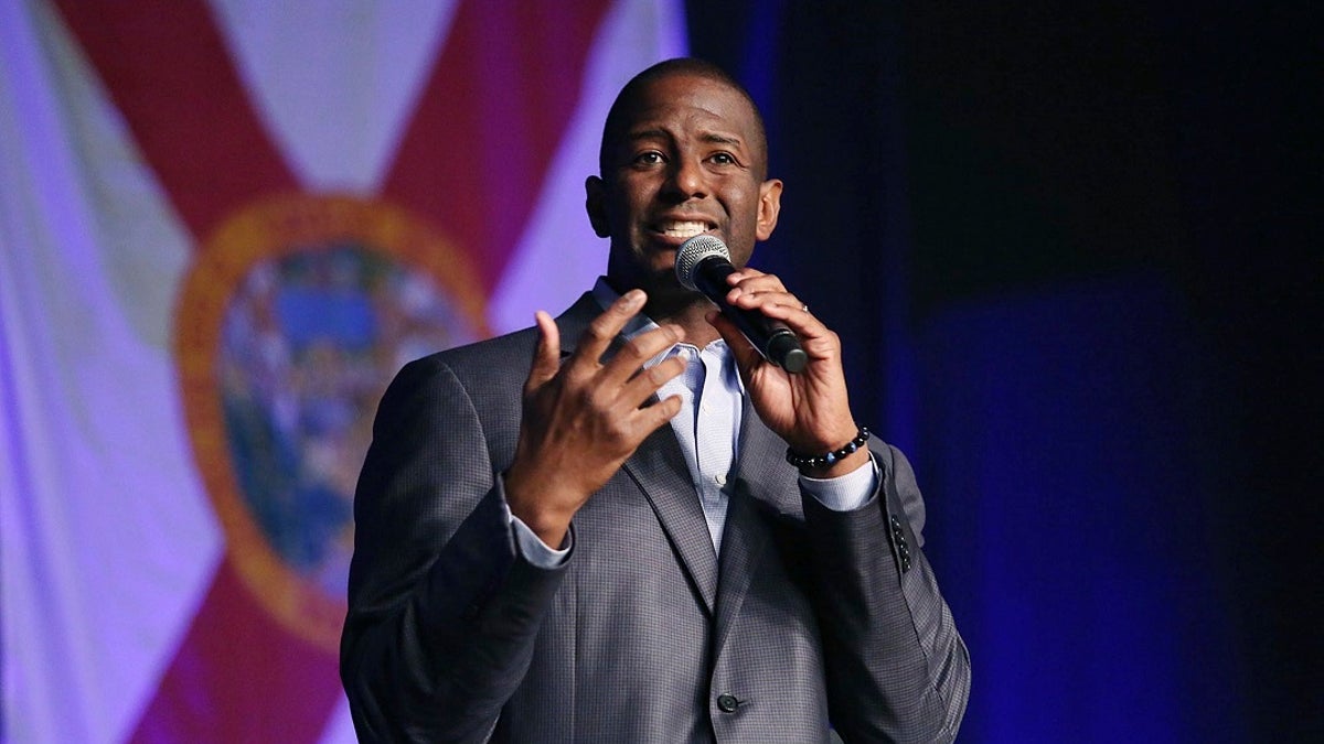 Florida Democratic gubernatorial candidate Andrew Gillum speaks during a rally at CFE Arena on the campus of UCF in Orlando, Fla.