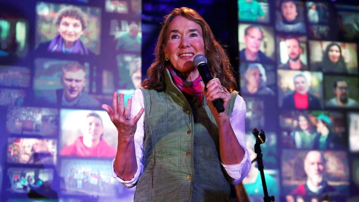 Olivia Wilde's mother, Democrat Leslie Cockburn concedes defeat at her watch party at Three Notch'd Brewing Co. in Charlottesville, Va., during election night on Tuesday, Nov. 6, 2018. Cockburn conceded to her Republican challenger Denver Riggleman.