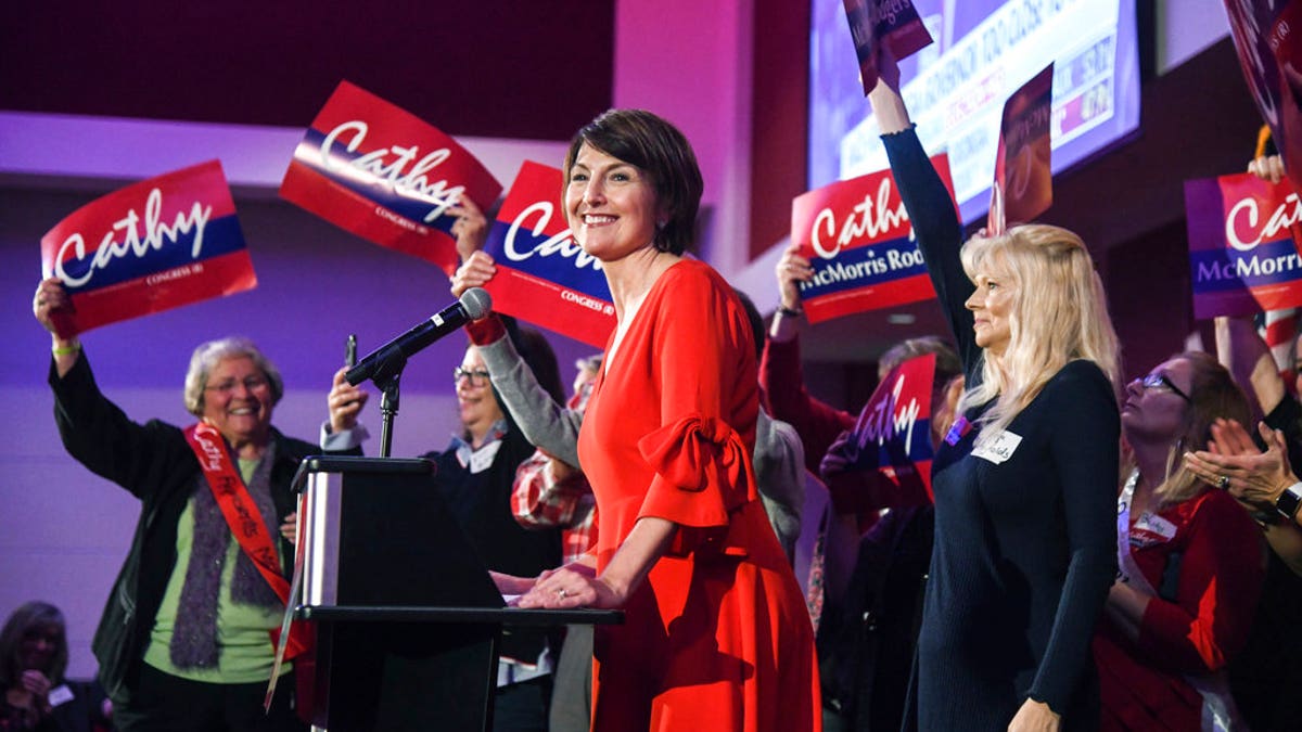 U. S Representative Cathy McMorris Rodgers takes the stage at the Davenport Grand Hotel after defeating Lisa Brown in the 5th District race, Tuesday, Nov. 6, 2018, at the Davenport Grand Hotel in Spokane, Wash. (Dan Pelle /The Spokesman-Review via AP)