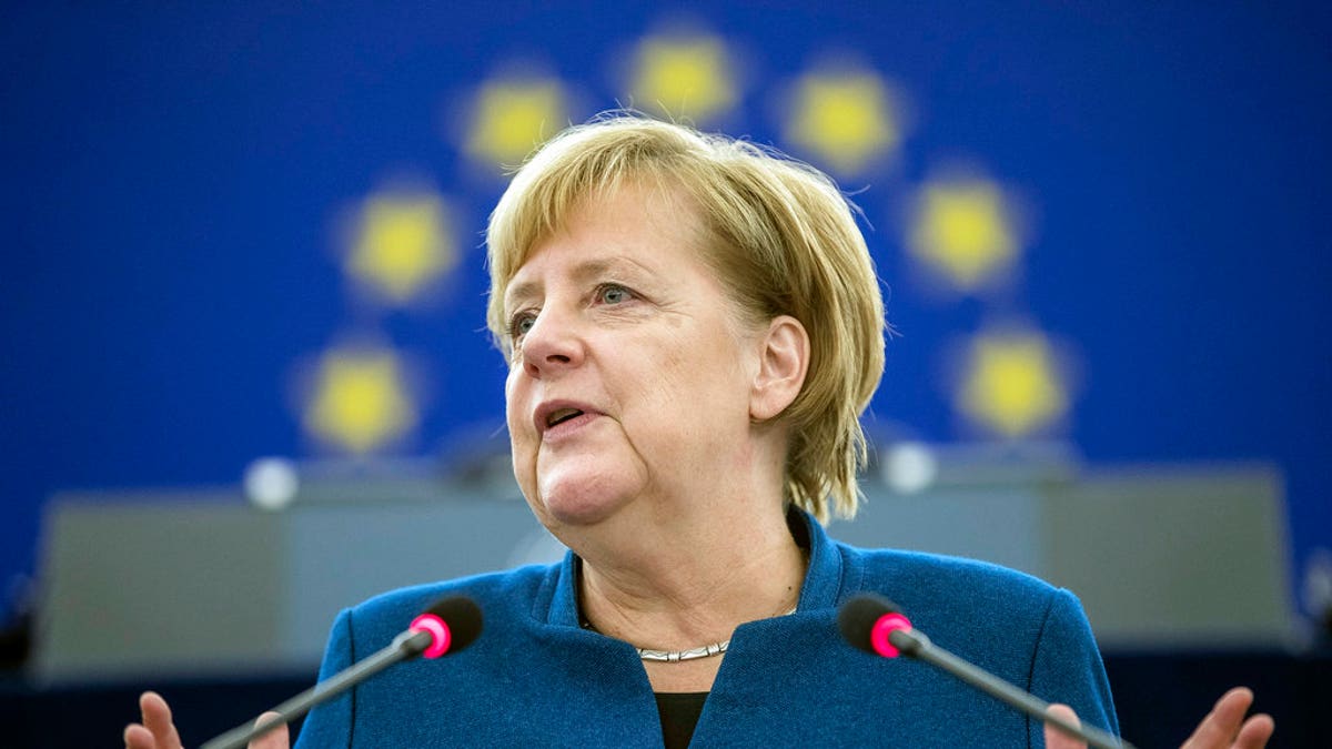 German Chancellor Angela Merkel addresses the European Parliament on Tuesday.
