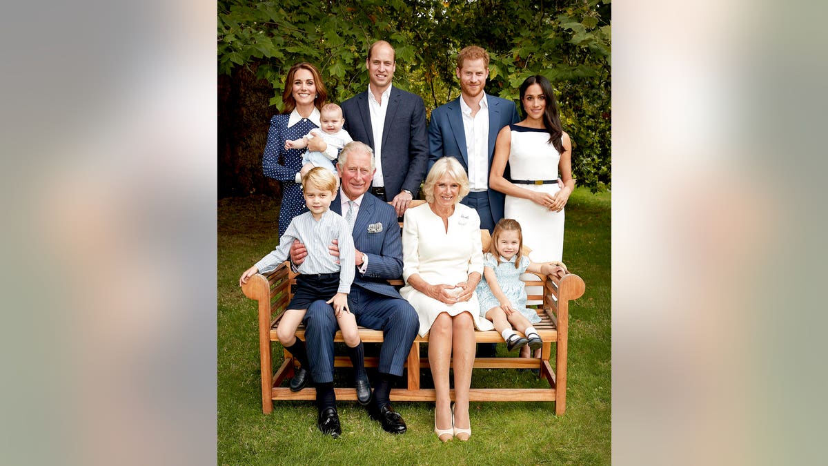 Britain's Prince Charles poses for an official portrait on Sept. 5, 2018, to mark his 70th birthday with Camilla, Duchess of Cornwall, Prince William, Kate, Duchess of Cambridge, Prince George, Princess Charlotte, Prince Louis, Prince Harry and Meghan, Duchess of Sussex, in London, England. (Chris Jackson/Pool Photo)