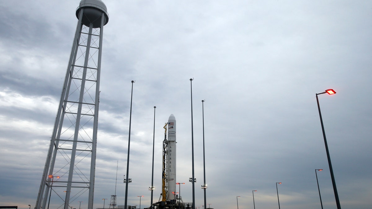 Northrop Grumman Antares rocket sits atop its launch pad at NASA's Wallops Flight Facility in Wallops Island, Va., Wednesday, Nov. 14, 2018. (AP Photo/Steve Helber)