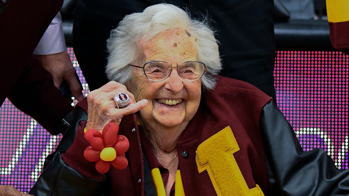 Loyola University of Chicago's Sister Jean shows off the NCAA Final Four ring she received before an NCAA college basketball game between Loyola of Chicago and Nevada in Chicago, Tuesday, Nov. 27, 2018.