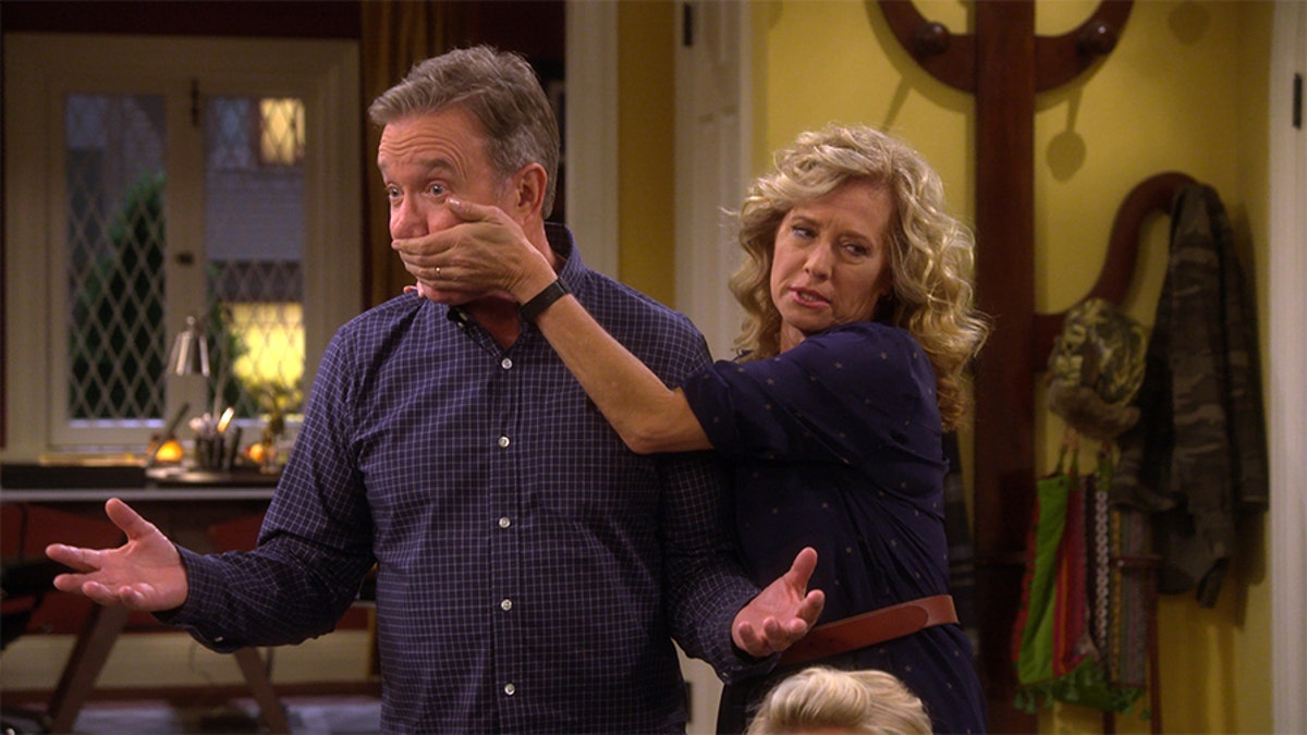 Tim Allen and Nancy Travis filming a scene in "Last Man Standing."