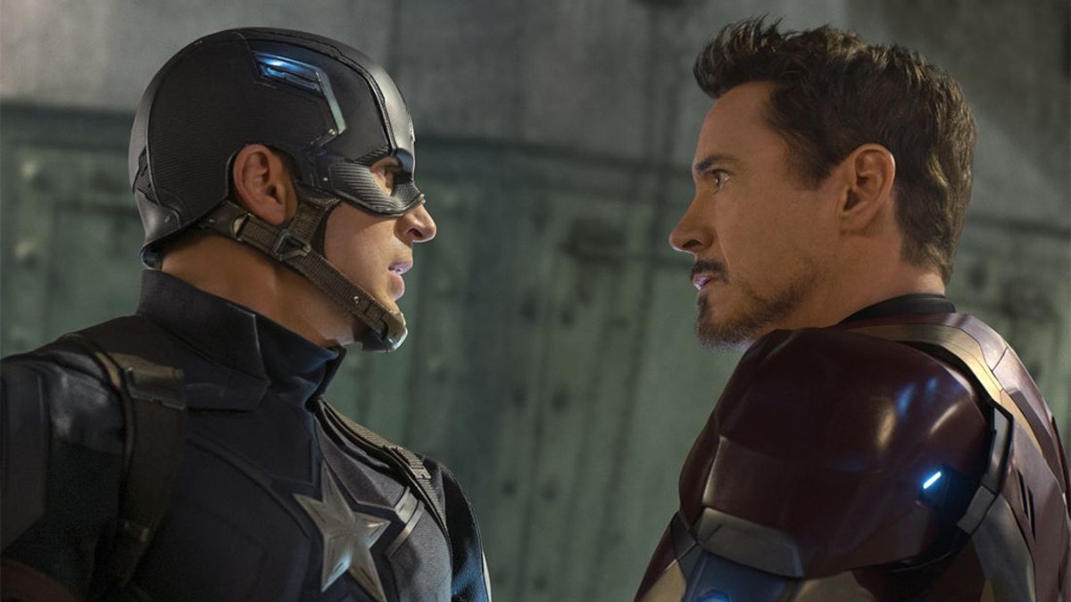 Chris Evans as Captain America and Robert Downey Jr. as Iron Man are pictured here.