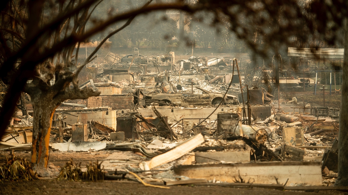 Leveled residences line a block following the Camp Fire in Paradise, Calif., on Monday, Nov. 12, 2018.