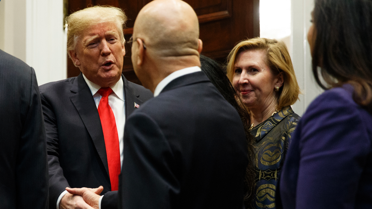 Deputy National Security Adviser Mira Ricardel, right, watches as President Donald Trump arrives for a Diwali ceremonial lighting of the Diya in the Roosevelt Room of the White House, Tuesday, Nov. 13, 2018, in Washington. In an extraordinary move, first lady Melania Trump is publicly calling for the dismissal of Ricardel. After reports circulated that the president had decided to remove Ricardel, the first lady’s spokeswoman issued a statement saying: “It is the position of the Office of the First Lady that she no longer deserves the honor of serving in this White House.” Ricardel is national security adviser John Bolton’s deputy. (AP Photo/Evan Vucci)